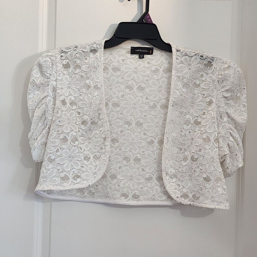 R & M Richards Sz XL Sequined Lace Bolero 3/4 Sleeves Puff Holiday Glam Vintage